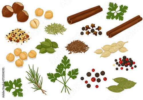 Assorted nuts herbs spices arranged including hazelnuts chickpeas parsley rosemary peppercorns cinnamon sticks
