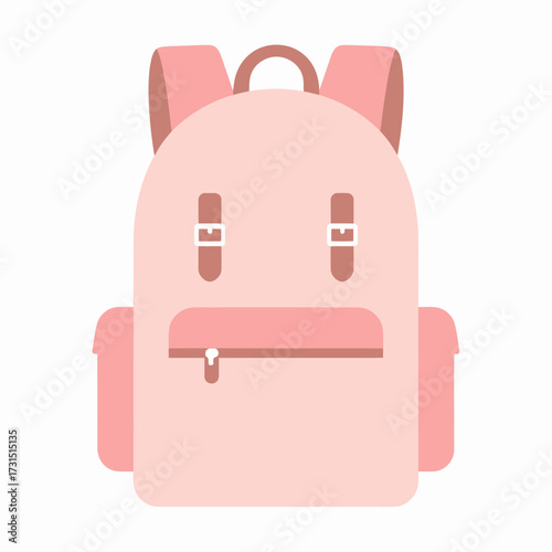 Pastel pink backpack icon in a flat vector illustration style, centered and isolated on a white background for school or travel concepts