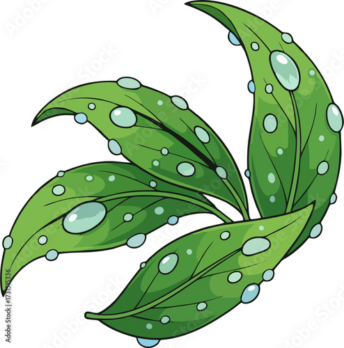 Green Moisture Leaves with Dew Drops Vector, Fresh Nature