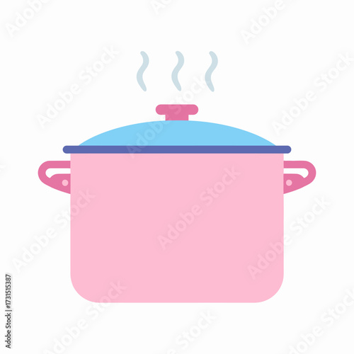 Cute pastel colored cooking pot with steam, isolated flat design icon. Vector graphic for culinary, recipe, and kitchen themes
