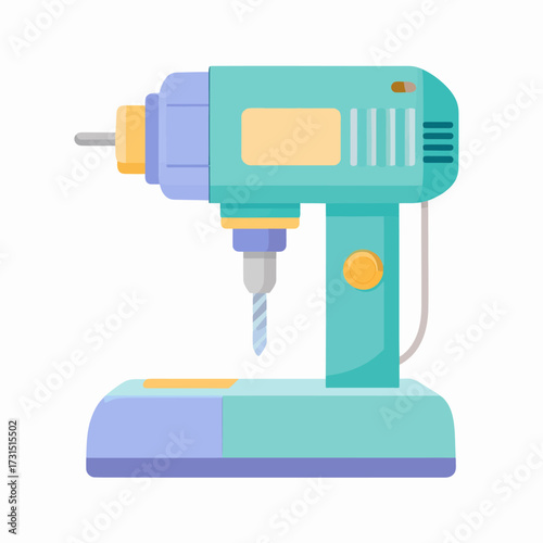 A pastel vector illustration of a stationary drill press machine in a flat style, isolated on a white background. Workshop equipment for precision drilling