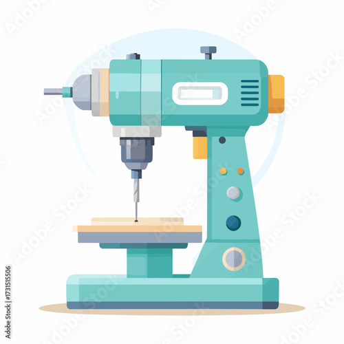 A modern vector illustration of a turquoise drill press machine for woodworking, depicted in a flat, cartoon style and isolated on white