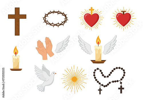 Christian symbols include a cross crown of thorns hearts praying hands candles wings a dove sun rays and a rosary