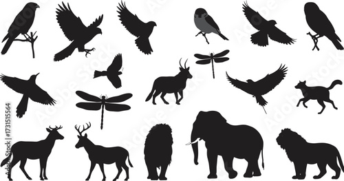 Wild animals and birds silhouette illustration with deer, lion, elephant, fox, dragonfly, flying crow, nature vector