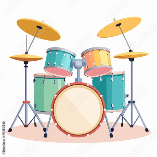 A vibrant drum set with cymbals, rendered in a charming flat vector illustration style. This musical percussion instrument is isolated on a white background