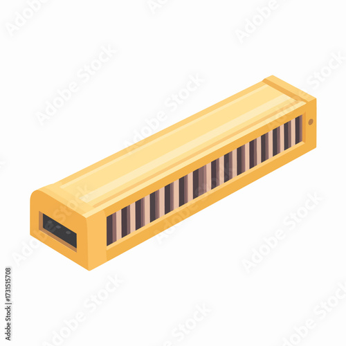 Isometric vector illustration of a golden diatonic harmonica. This classic musical instrument is shown in a flat style, isolated on a white background for design use