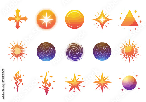 Collection of gradientcolored elemental and celestialthemed designs on a white background
