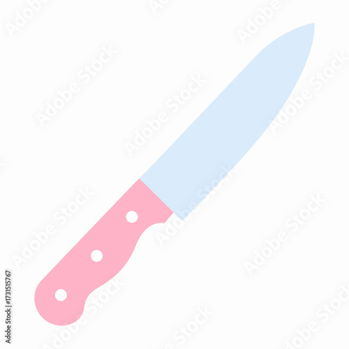 A simple vector illustration of a kitchen knife in pastel colors, featuring a pink handle and a light blue blade, created in a flat design style and isolated on a white background
