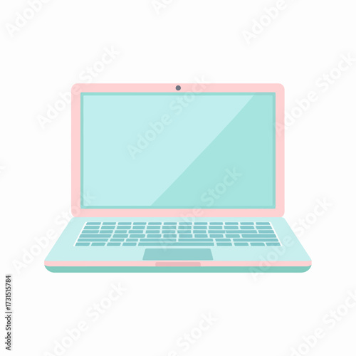 A charming vector illustration of a modern laptop computer in pastel pink and blue, presented in a flat style and isolated on a white background