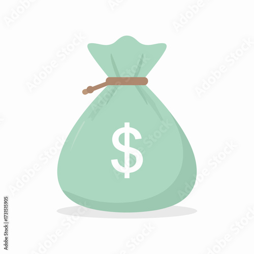 Pastel green vector illustration of a money bag with a dollar sign, depicted in a flat style and isolated on a white background