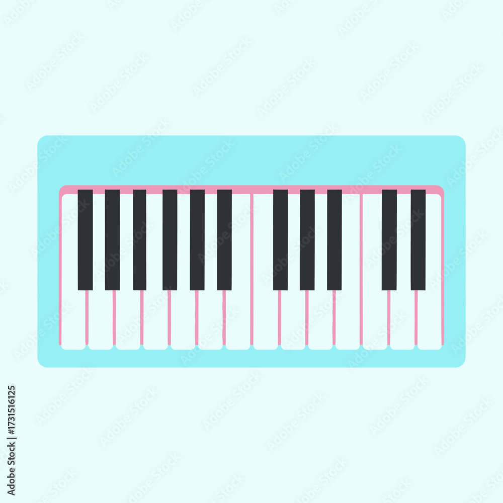 Fototapeta premium Pastel blue toy piano keyboard with pink details in a flat vector illustration style, centered and isolated on a light background