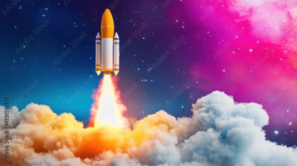 Naklejka premium Vivid rocket propelling skyward into a universe of stars, dense clouds below swirling with color and light.
