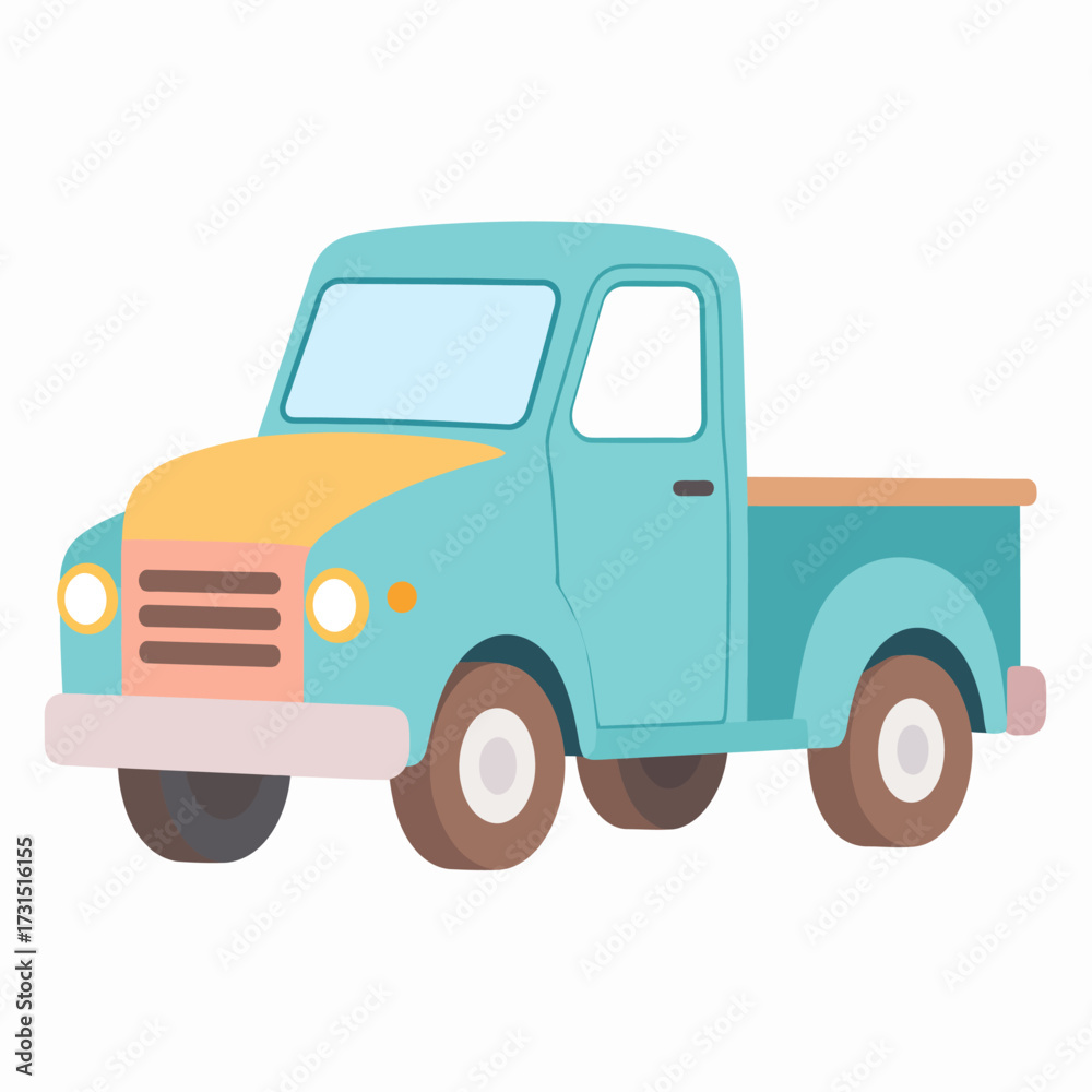 Fototapeta premium Pastel vector illustration of a classic retro pickup truck. Flat style clipart of a cute old farm truck, isolated on a white background