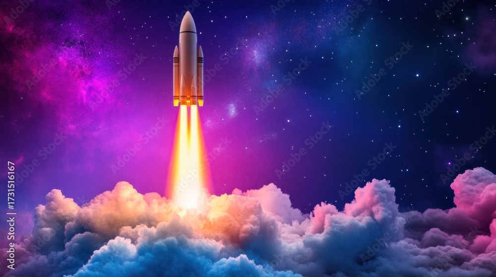 Naklejka premium Vivid rocket propelling skyward into a universe of stars, dense clouds below swirling with color and light.