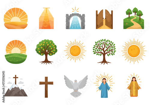 Fifteen Christianthemed icons including crosses trees suns a dove gates and people with halos