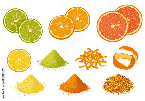 Fruit slices and powders including oranges grapefruits and limes with peels and zest