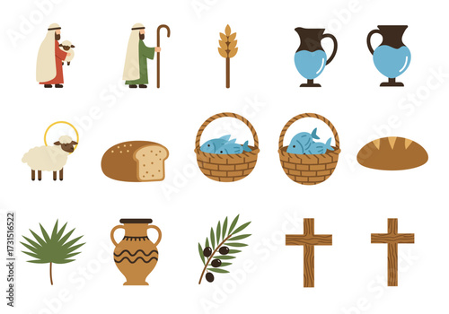 Icons include shepherds sheep bread fish crosses wheat and water jugs evoking religious themes