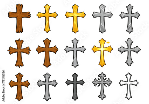Fifteen cartoon Christian crosses of diverse designs  materials are arranged in a gridlike pattern