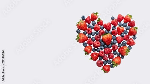 Heart Shape Made of Fresh Strawberries, Raspberries, and Blueberries.