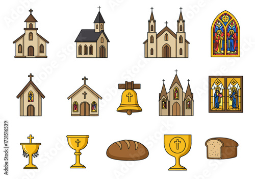 Icons depict churches stained glass chalices a bell  bread
