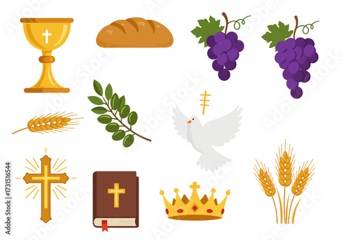 Icons showing Christian symbols chalice bread grapes wheat olive branch dove cross bible and crown