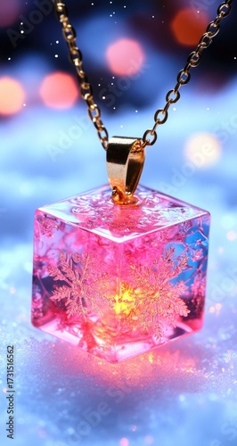 Pink cubic pendant, glowing snowflake