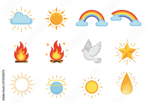 Icons of a cloud sun rainbow fire dove star bursts sphere drop arrayed in a grid