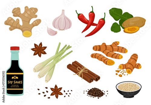 Illustration featuring ginger garlic red chilies galangal soy sauce star anise lemongrass cinnamon turmeric pepper and grains