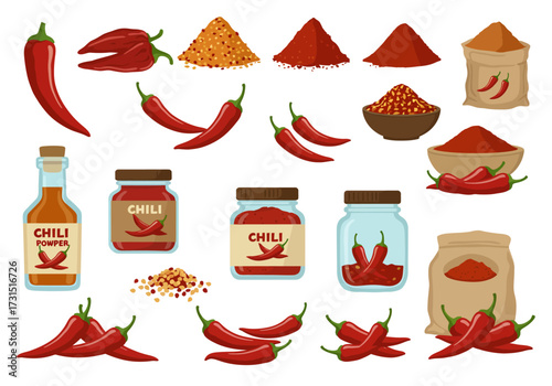 Illustration of whole and powdered chili peppers in various containers