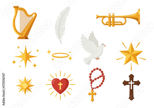 Image depicts symbols of faith harp feather trumpet dove stars halo heart rosary  cross
