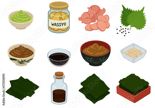 Image shows an assortment of condiments and ingredients including wasabi ginger seaweed and sauces