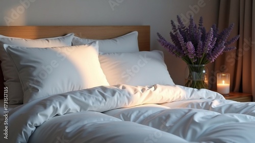 Bedroom with Lavender Flowers and Warm Candle light for Restful Sleep Health.