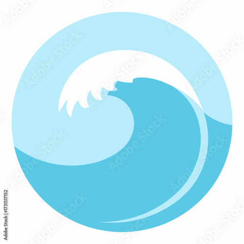 Stylized blue ocean wave curling in a circle, a modern flat vector illustration icon isolated on a white background