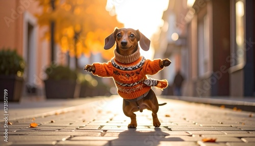 Fototapeta Naklejka Na Ścianę i Meble -  Playful dachshund in an orange sweater dances on a cobblestone street bathed in golden sunlight