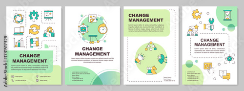 Change management green circle brochure layout. Organization transition to new level. Leaflet advertising design with color line icons. Editable 4 pages. Arial-Bold, Myriad Pro-Regular fonts used