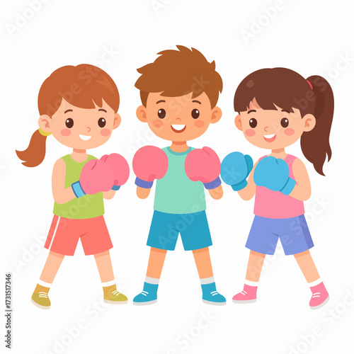 Adorable children friends practicing boxing together, a fun and active hobby for kids, flat style vector illustration