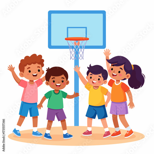Vector illustration of a diverse group of happy children playing basketball together, in a flat cartoon style isolated on a white background