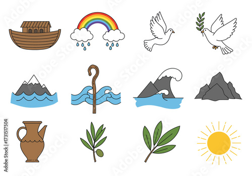Religious clip art includes ark rainbow dove staff water pitcher olive branch sun and mountains