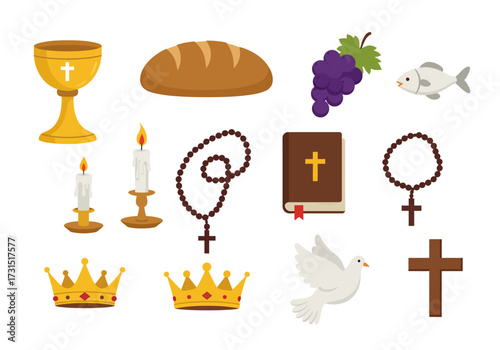 Religious iconography chalice bread grapes fish candles rosaries bible crowns dove and cross