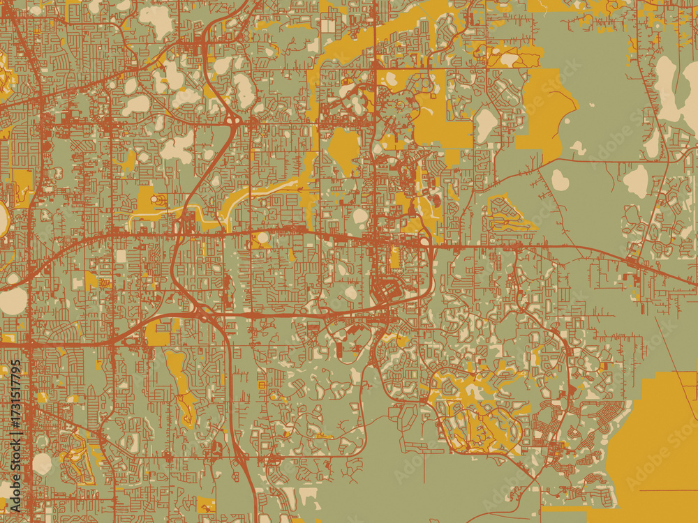 Naklejka premium Stylized minimalist map of Alafaya, Florida in sage green ground with rust-red roads and ochre accents.