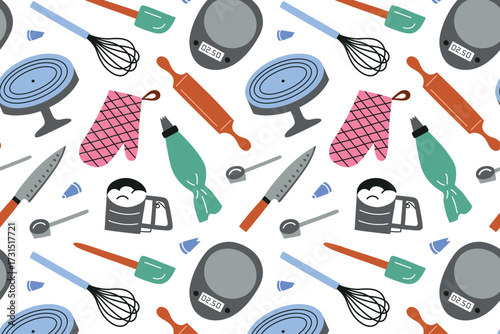 Seamless pattern with baking tools and kitchen utensils, vector illustrations of scales, rolling pin, oven mitt, flour sifter, silicone spatula, whisk, flat cartoon icons cooking and culinary design