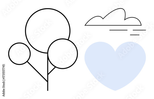 Tree with circular shapes, light blue heart, and simple cloud drawing with lines. Ideal for nature, love, environment, sustainability, simplicity wellness and harmony. Simple flat metaphor