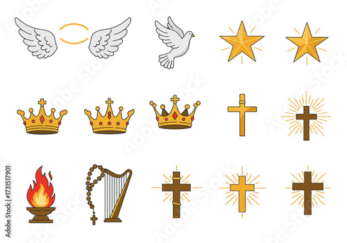Religious imagery including wings a dove stars crowns crosses fire rosary and harp