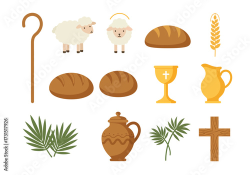 Religious symbols crook sheep lamb with halo bread wheat chalice pitcher jug palm leaves cross