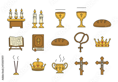 Religious items candles chalices bread books rosary crowns incense and crucifixes displayed