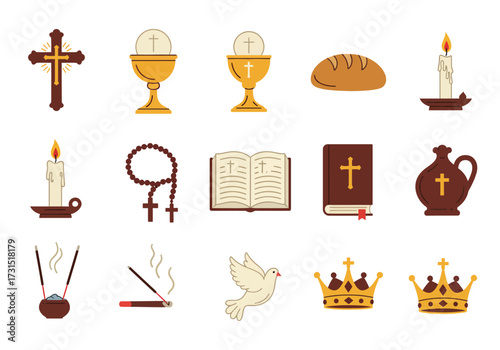 Religious symbols include cross chalice bread candle rosary book incense dove and crowns