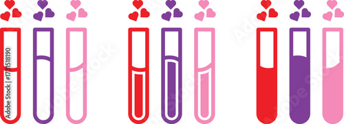 Vector icons of test tubes with love potion. Hearts floating out from colorful lab tubes in red, pink, and purple. Cute flat design for Valentine, romantic chemistry, potion, or science concept.