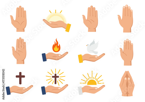 Set of icons with hands holding symbols like crosses flames doves suns and praying hands depicted in a flat cartoonish style
