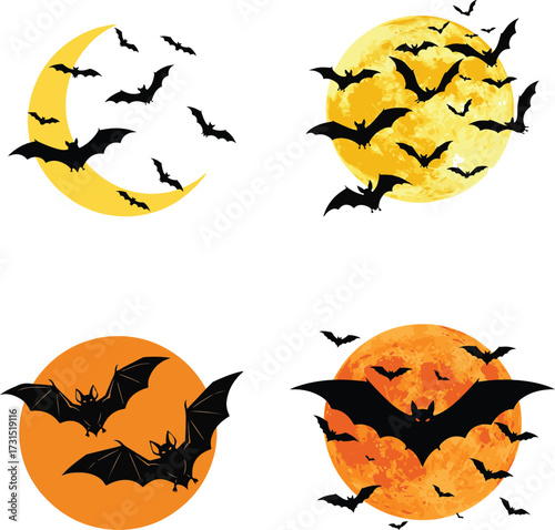 Vector art of bats flying around the moon and full moon