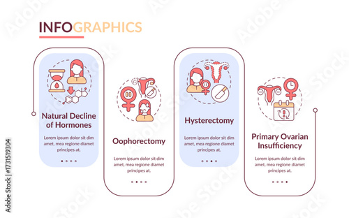 Causes of menopause rectangle infographic vector. Female body changing. Hormonal level. Data visualization with 4 steps. Editable rectangular options chart. Lato-Bold, Regular fonts used